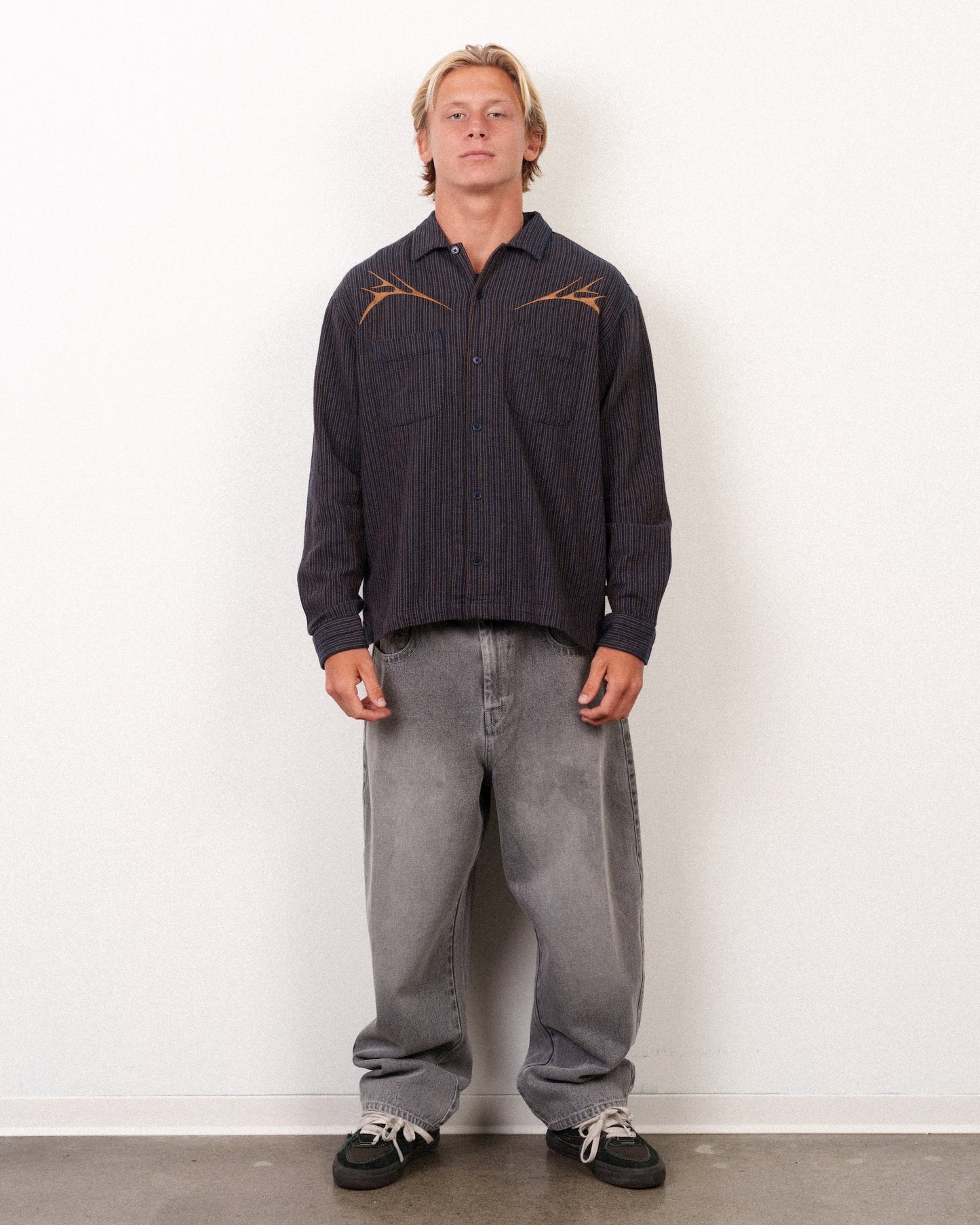 Crawler Long Sleeve Woven Indigo