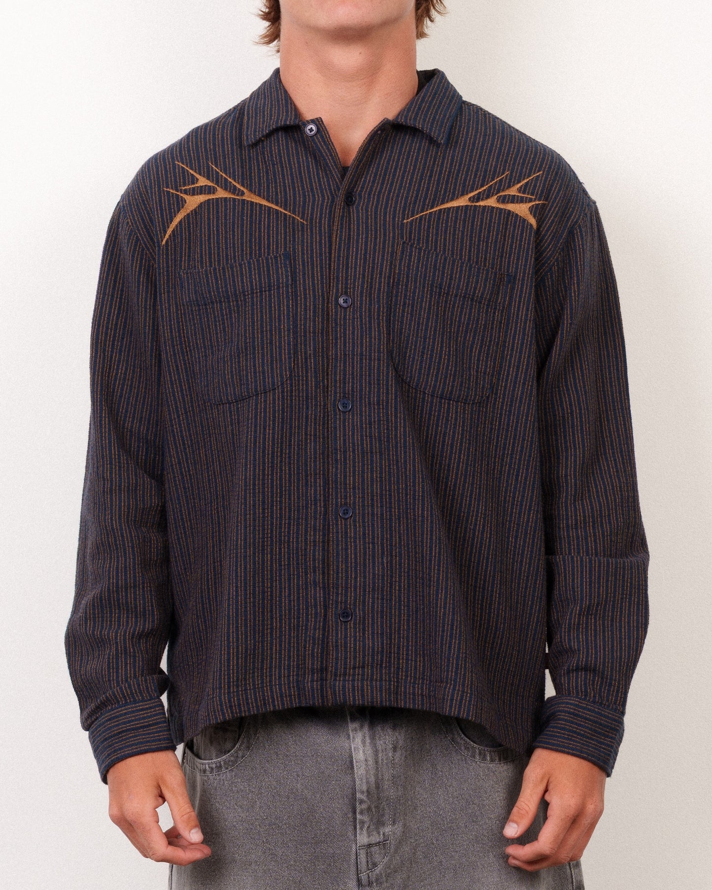 Crawler Long Sleeve Woven Indigo